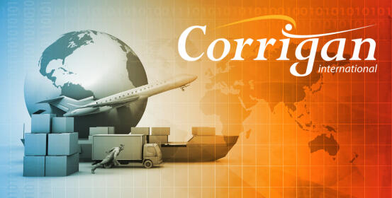 Cargo is being transported globally via air and sea. A plane flies over a globe, while trucks and a cargo ship carry boxes. The background features a world map and the text "Corrigan international".